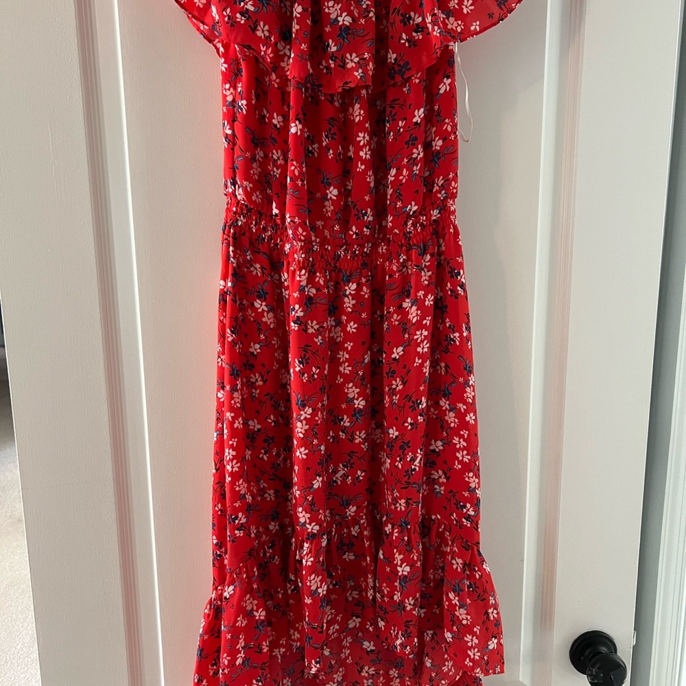 Floral Red off the shoulder Dress with Ruffle Sleeves
